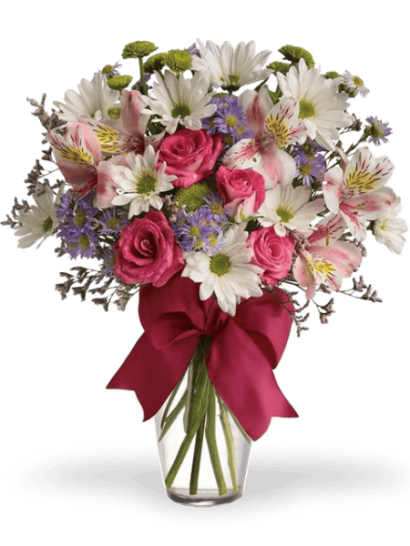 bouquet di margherite bianche, alstromeria e rose rosa