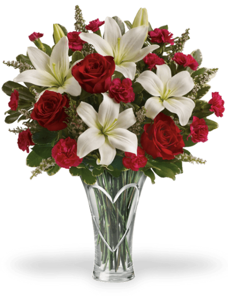 Bouquet di rose rosse, garofani rossi e lilium bianchi